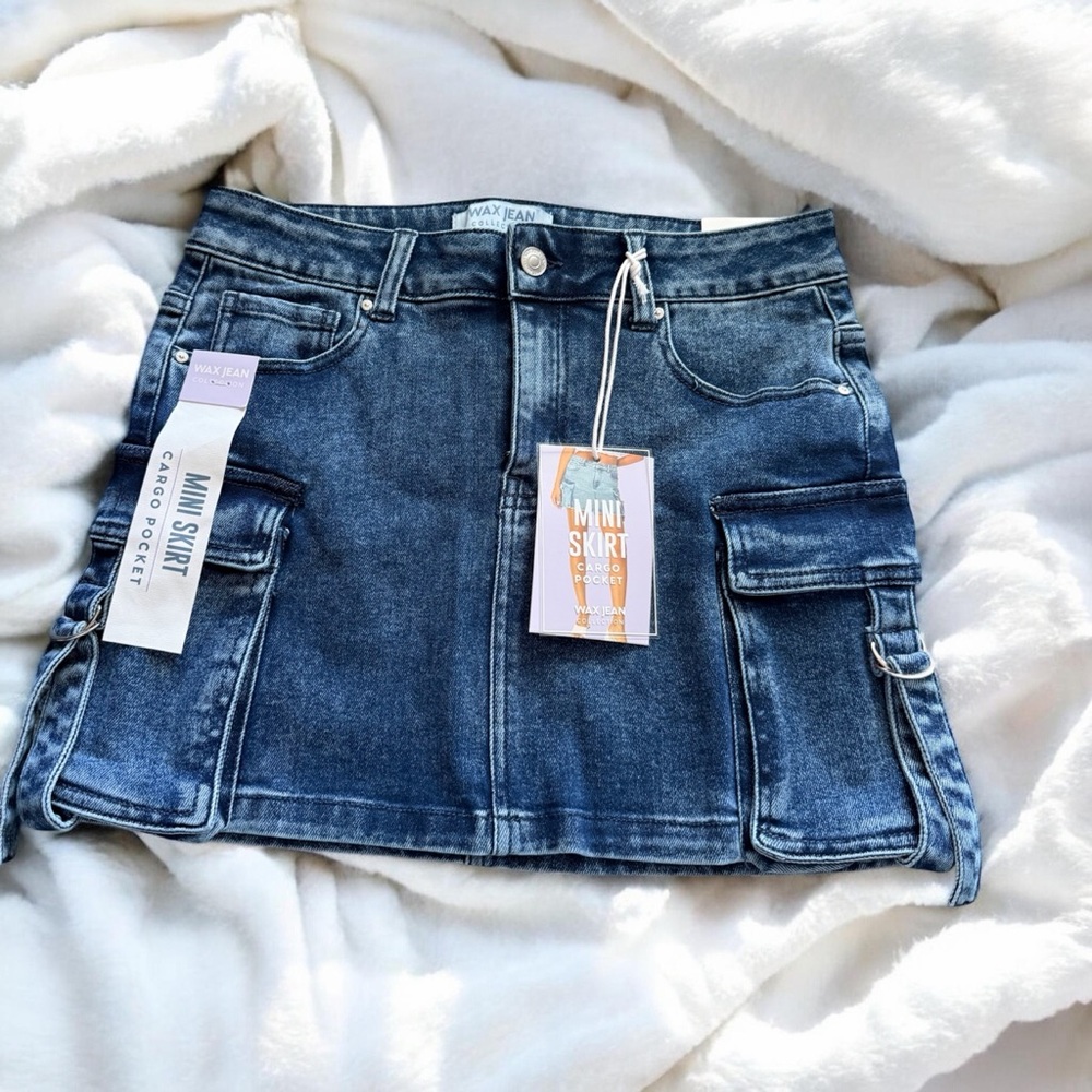 High Stretch Jean Blue Denim Cargo Mini Skirt with Pockets